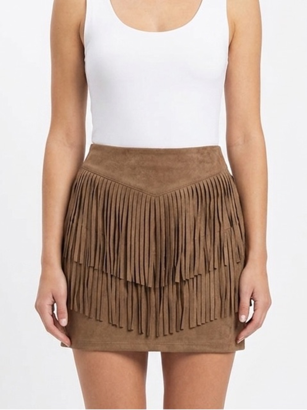 NWT PPLA Fringe Faux Suede Mini Skirt in Camel S